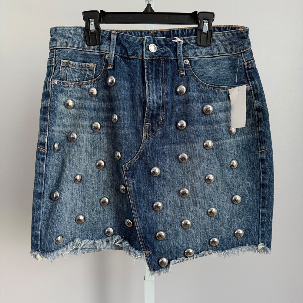 Good American Cotton Rock Y2K Studded Asymmetrical Mini Skirt 6 Blue